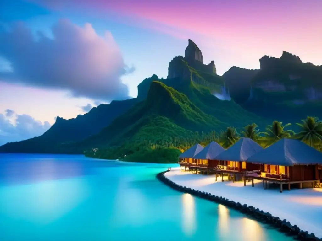 Bora Bora: Lujo y Relax en paraíso tropical Propiedad de tiempo compartido internacional en Bora Bora, con playa de arena blanca y aguas turquesas cristalinas al atardecer