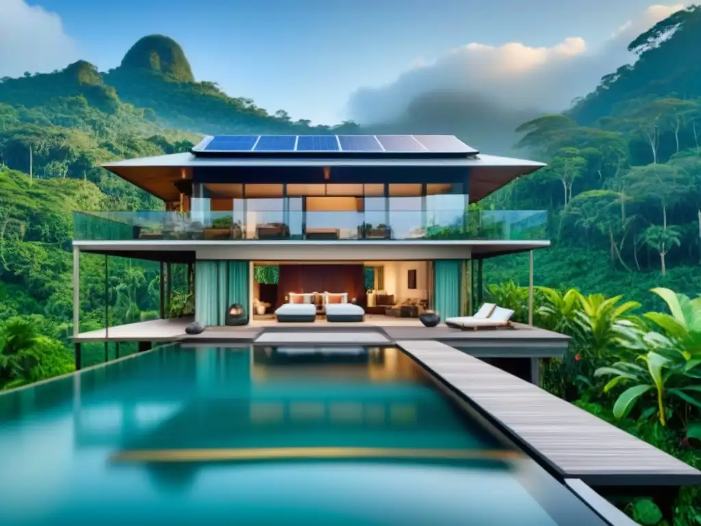 Propiedad vacacional ecofriendly de lujo en entorno tropical exuberante Propiedad vacacional ecoamigable de lujo con paneles solares, ventanales panorámicos, piscina infinita y diseño sostenible