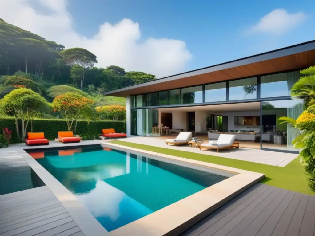 Propiedad vacacional de lujo entre naturaleza exuberante y piscina azul Propiedad vacacional en entorno natural con piscina y diseño moderno