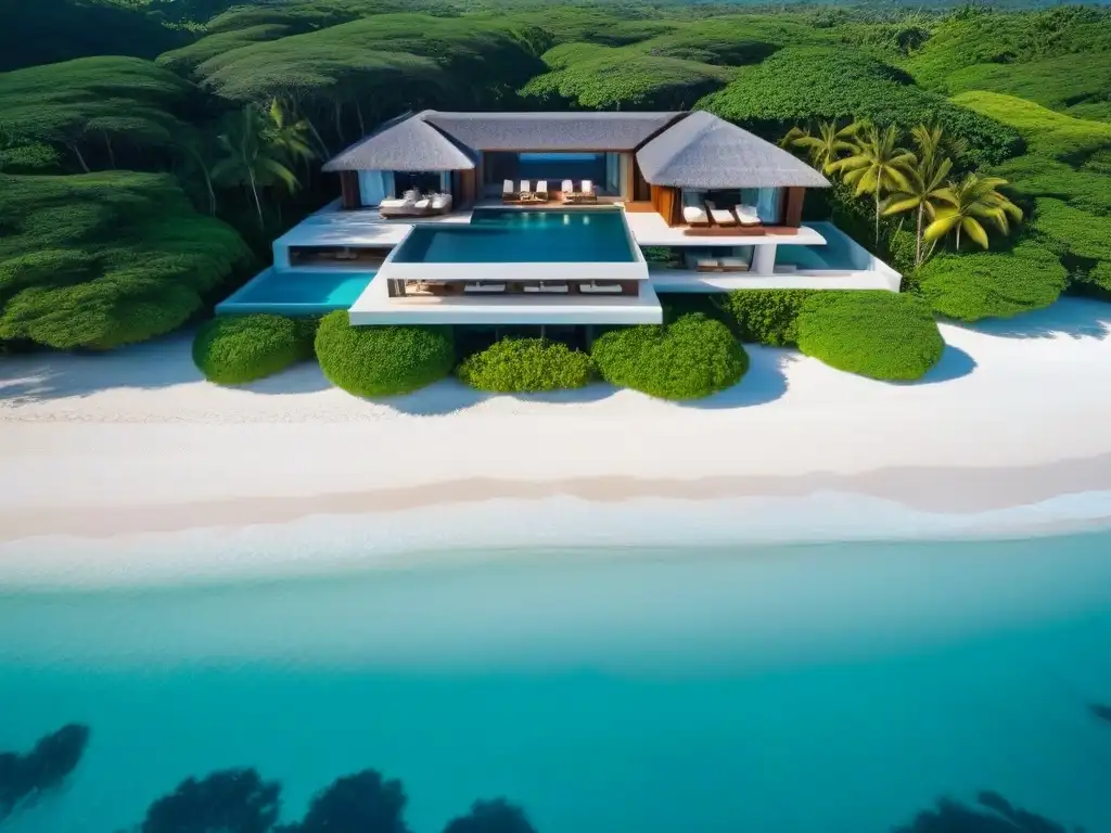 Paraíso de lujo frente al mar con piscina infinita Propiedad vacacional extranjera de lujo con piscina infinita frente al mar, rodeada de exuberante vegetación tropical bajo un cielo azul claro, bañada en la cálida luz dorada del sol, evocando tranquilidad y opulencia