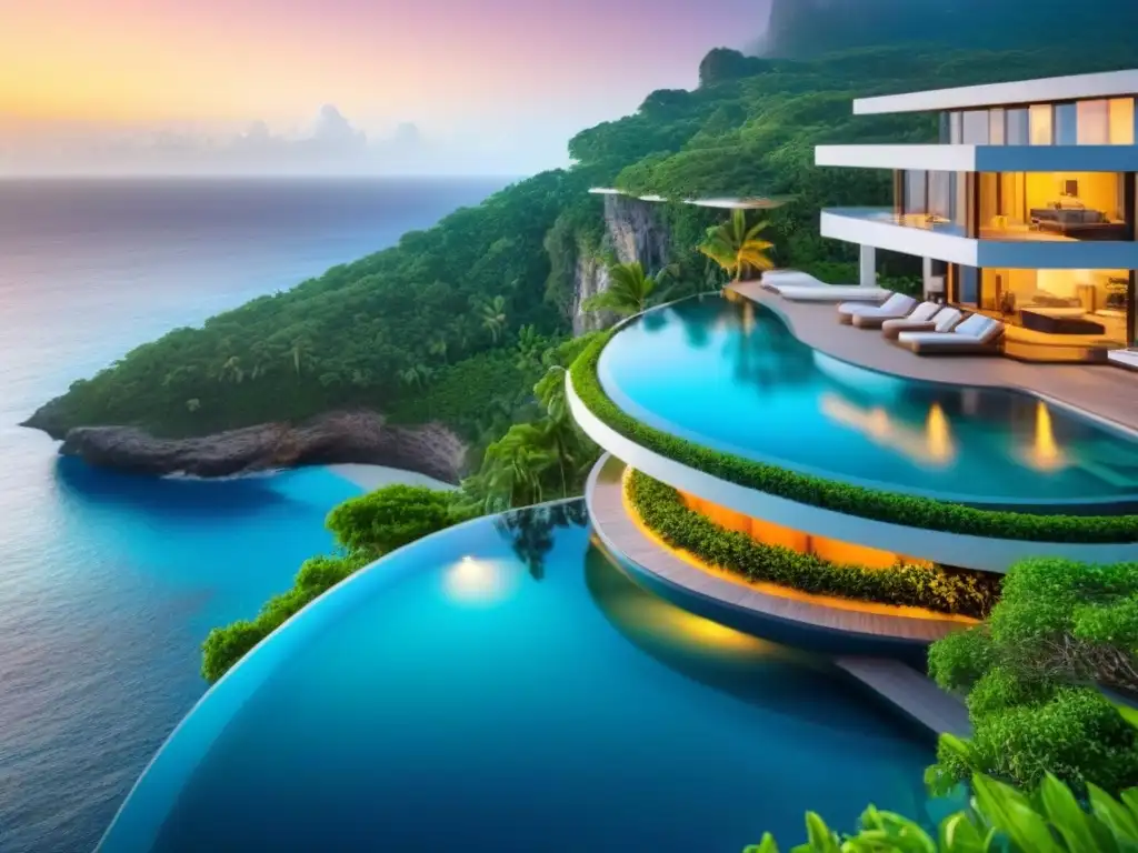 Propiedad de lujo con vista al mar turquesa y piscina infinita al atardecer Propiedad vacacional de lujo en acantilado, piscina infinita y paisaje tropical, ideal para estrategias marketing propiedad vacacional internacional