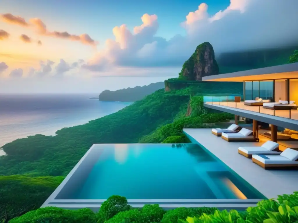 Refugio de lujo en acantilado con piscina infinita y vista al mar turquesa Propiedad vacacional de lujo en acantilado con piscina infinita y vistas al mar turquesa al atardecer