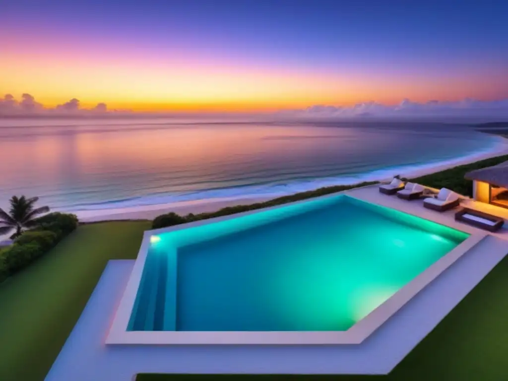 Paraíso vacacional: lujosa propiedad frente al mar al atardecer Propiedad vacacional de lujo al atardecer con piscina infinita y acceso privado a la playa, arquitectura moderna elegante y cielo vibrante al fondo