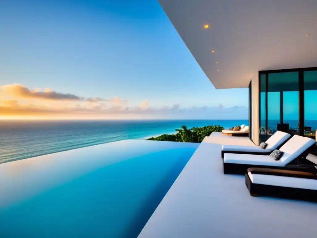 Propiedad de lujo frente a la playa con vistas panorámicas al mar y piscina infinita privada Propiedad vacacional de lujo con diseño moderno, terraza y piscina infinita privada, bañada en luz dorada y palmeras