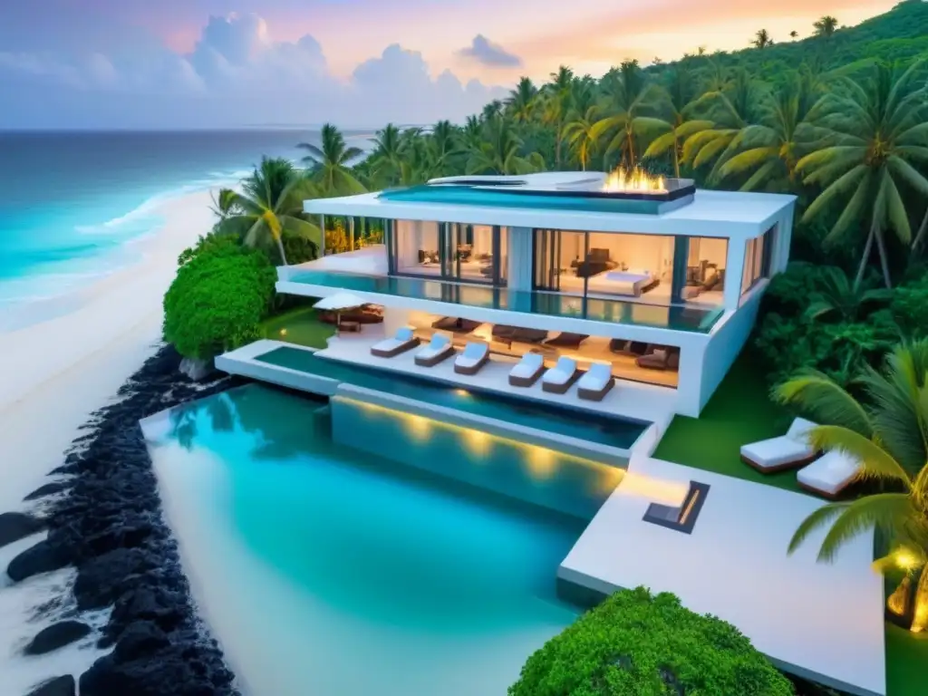 Propiedad de lujo frente al mar: exclusividad y relax en paraíso Propiedad vacacional de lujo con diseño contemporáneo y piscina infinita privada frente al mar, rodeada de palmeras y arena blanca, bajo un atardecer vibrante