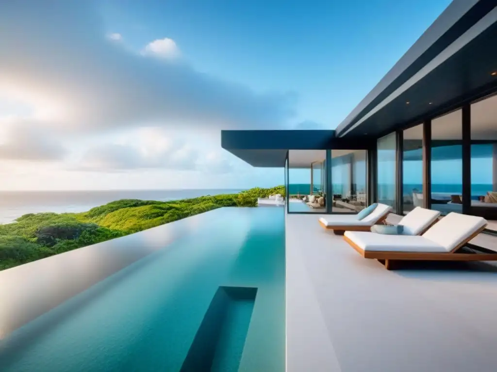 Propiedad vacacional de lujo: arquitectura moderna frente al mar Propiedad vacacional de lujo frente a la playa con arquitectura moderna y vistas al mar, piscina infinita y mobiliario contemporáneo