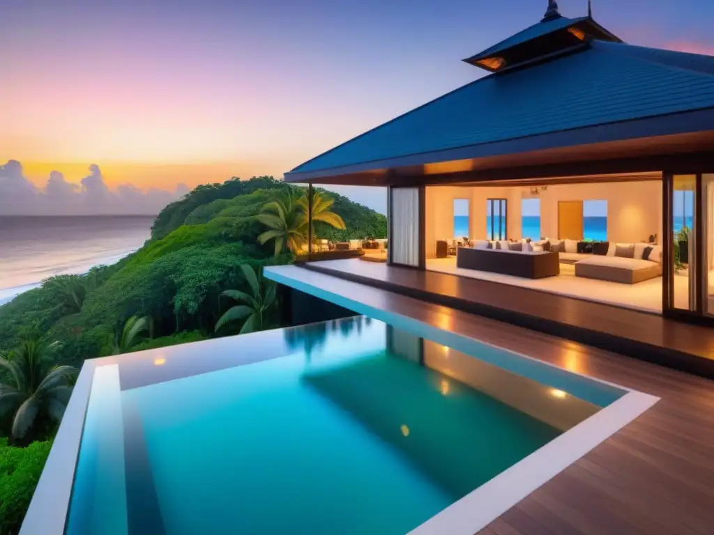 Paraíso tropical: Exclusiva propiedad de lujo frente al mar al atardecer Propiedad vacacional de lujo frente a la playa al atardecer, con piscina infinita y yate privado