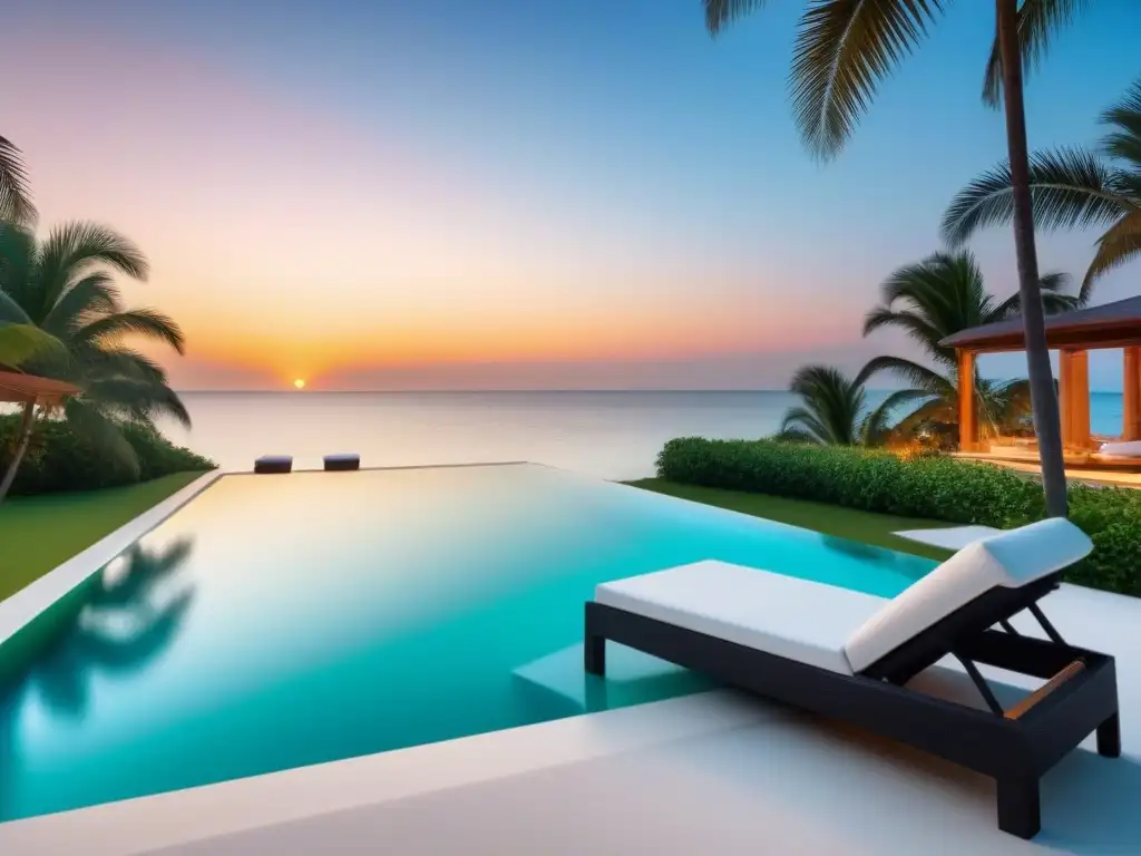 Propiedad de lujo en playa paradisíaca con piscina infinita privada Propiedad vacacional de lujo frente a la playa con terraza, piscina infinita privada y yate en el horizonte