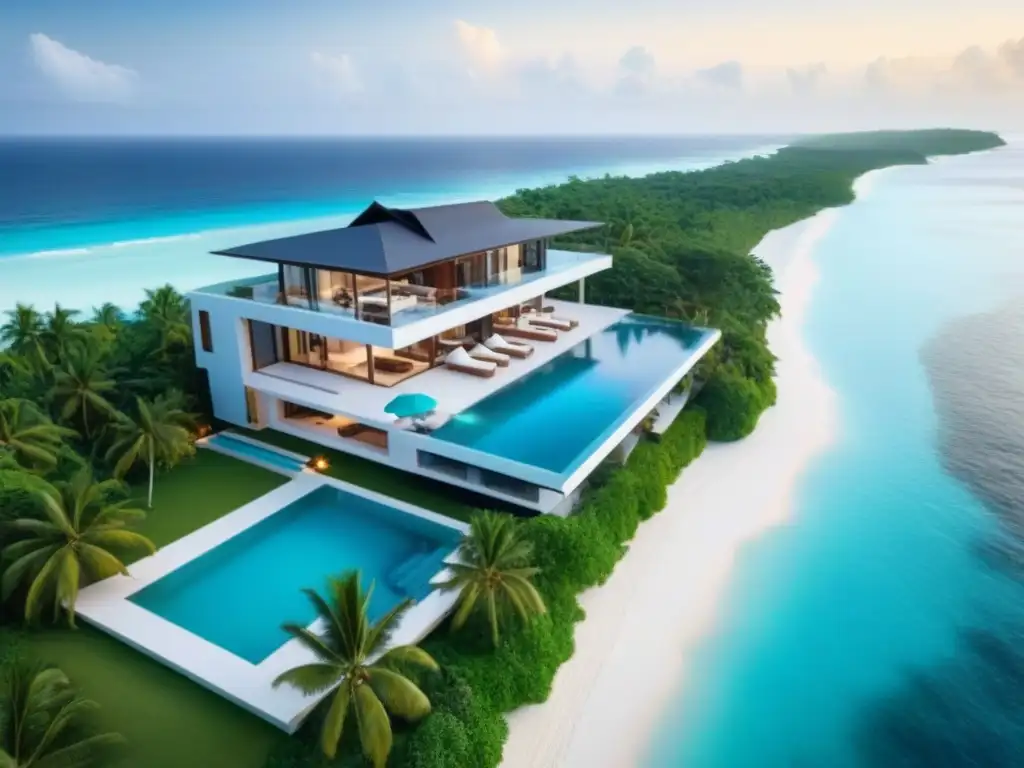 Propiedad vacacional de lujo frente a la playa: inversión exclusiva Una propiedad vacacional de lujo frente a la playa, con arquitectura moderna, piscina infinity y exuberante vegetación