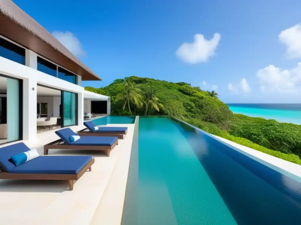 Propiedad de lujo frente a la playa con piscina infinita privada Propiedad vacacional de lujo frente al mar con diseño moderno, terraza amplia, piscina infinita privada y exuberante paisajismo tropical