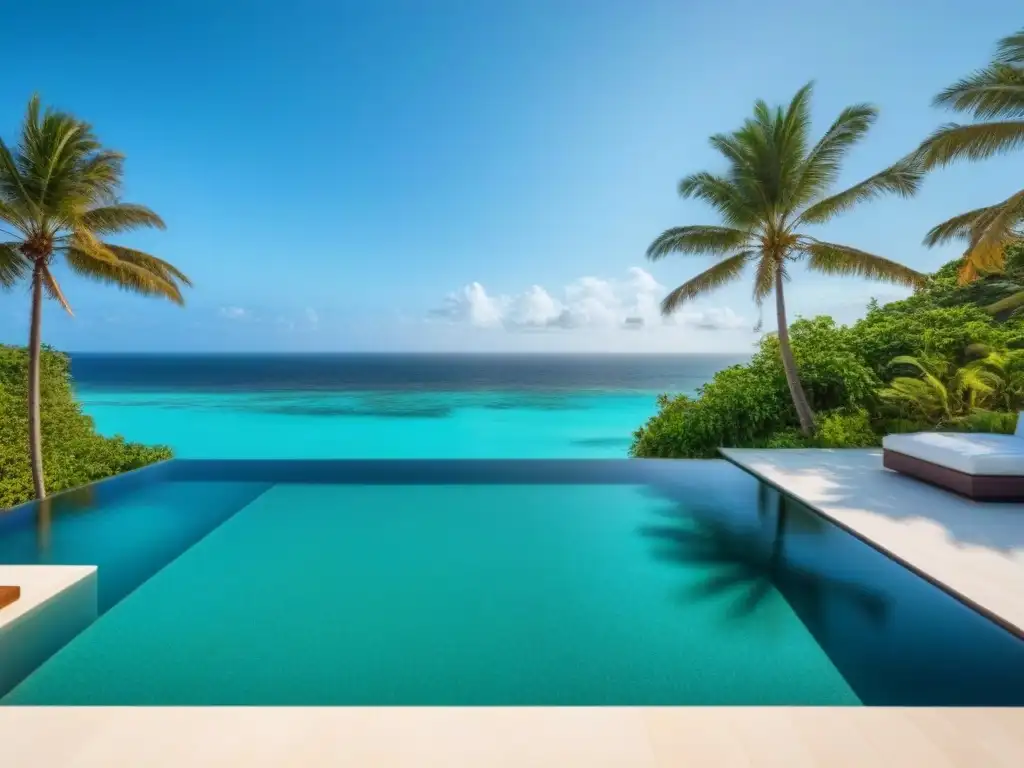 Paraíso frente al mar: lujo y relax en propiedad vacacional Propiedad vacacional de lujo frente al mar con arquitectura moderna, piscina infinita privada y palmeras en brisa suave
