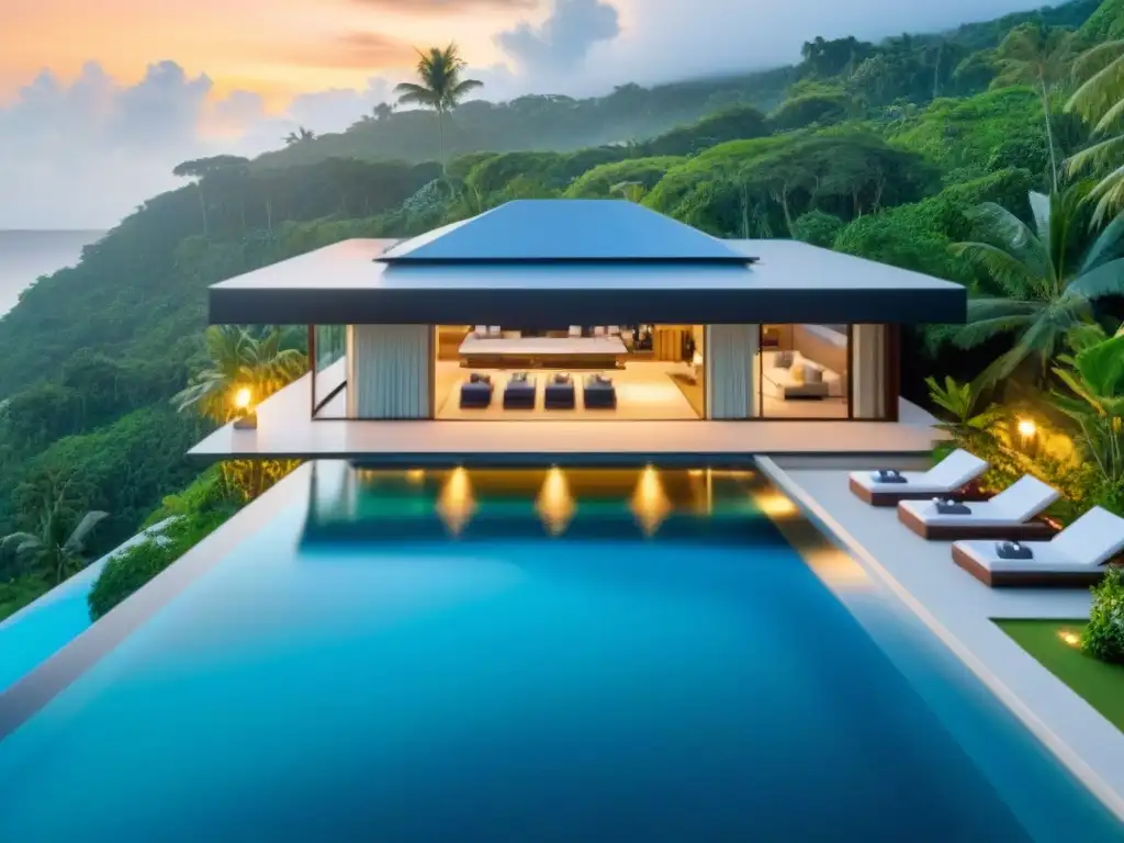 Paraíso tropical: Villa de lujo con piscina infinita y vistas al mar Propiedad vacacional de lujo en paraíso tropical, con piscina infinita y vista al mar turquesa al atardecer