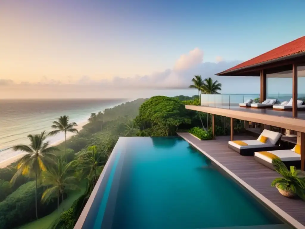 Propiedad vacacional de lujo con piscina infinita privada y vistas al mar Una propiedad vacacional de lujo con piscina infinita privada y diseño arquitectónico moderno, rodeada de naturaleza exuberante y palmeras, con el sol poniéndose en el horizonte