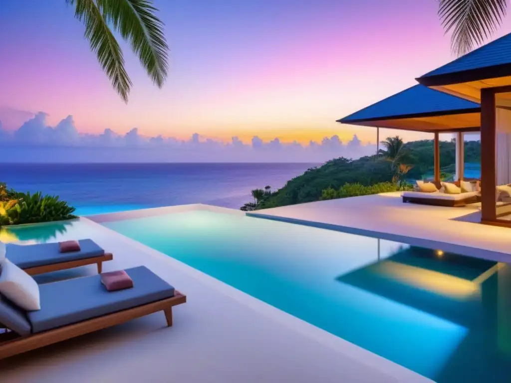 Villa de lujo con piscina infinita en playa al atardecer Propiedad vacacional de lujo con piscina infinita al atardecer en la playa, ambiente exclusivo y relajante
