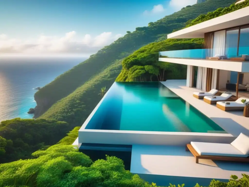 Villa de lujo con piscina infinita en acantilado Una propiedad vacacional de lujo con piscina infinita privada en un acantilado con vista al océano, rodeada de vegetación tropical