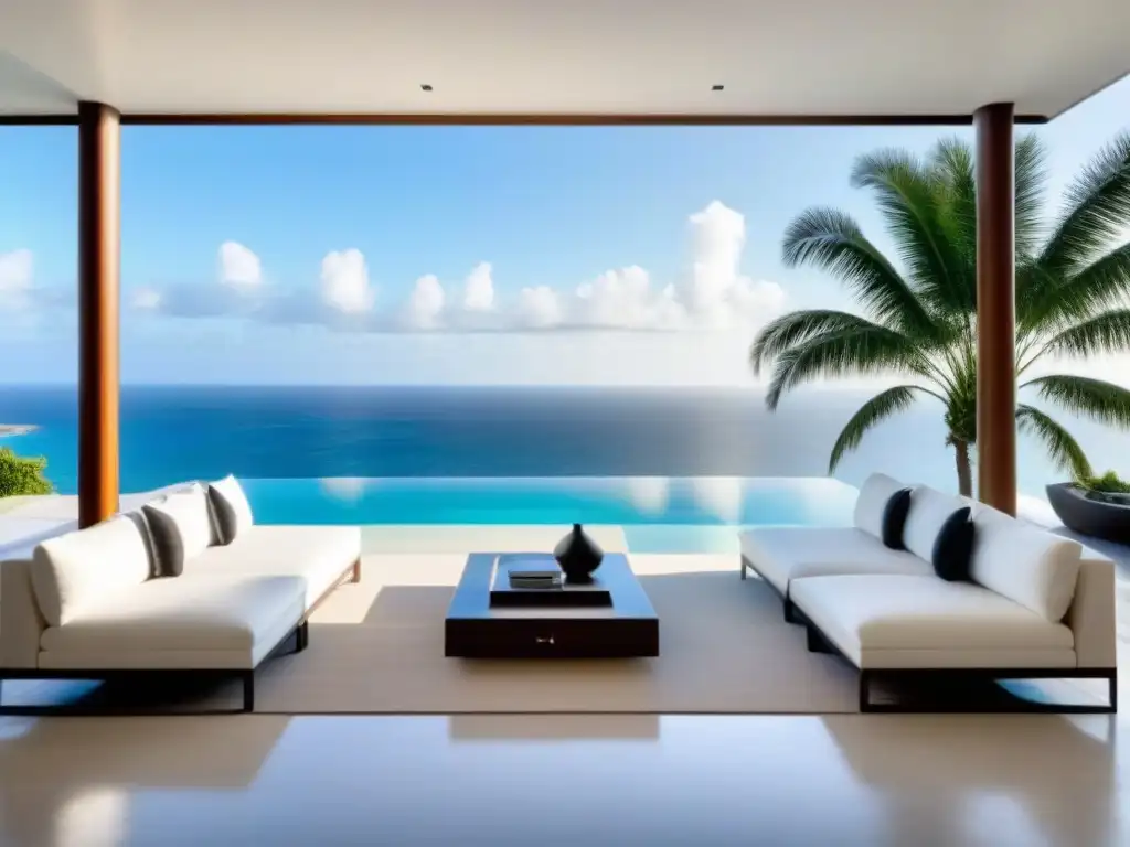 Propiedad vacacional de lujo con vistas al mar turquesa y piscina infinita Propiedad vacacional de lujo con piscina infinita y vistas al océano turquesa, rodeada de palmeras verdes y playa blanca