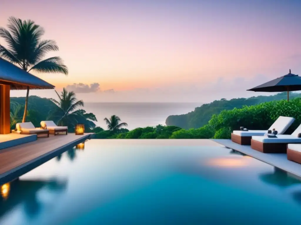 Villa de lujo con piscina infinita en la playa al atardecer Una propiedad vacacional de lujo con piscina infinity privada en la playa al atardecer, ideal para estrategias para reservas propiedad vacacional