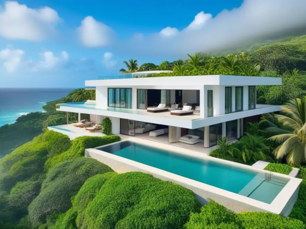 Exclusiva villa con piscina privada y vista al mar Una propiedad vacacional de lujo rodeada de vegetación exuberante, con piscina privada y vista al mar