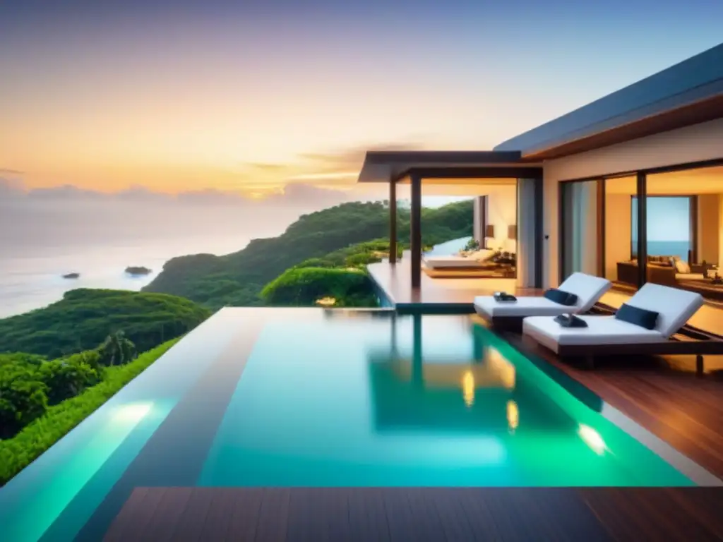 Paraíso de lujo: alianzas estratégicas en alquileres vacacionales Una propiedad vacacional de lujo rodeada de exuberante vegetación, con una impresionante piscina infinita con vista al mar al atardecer