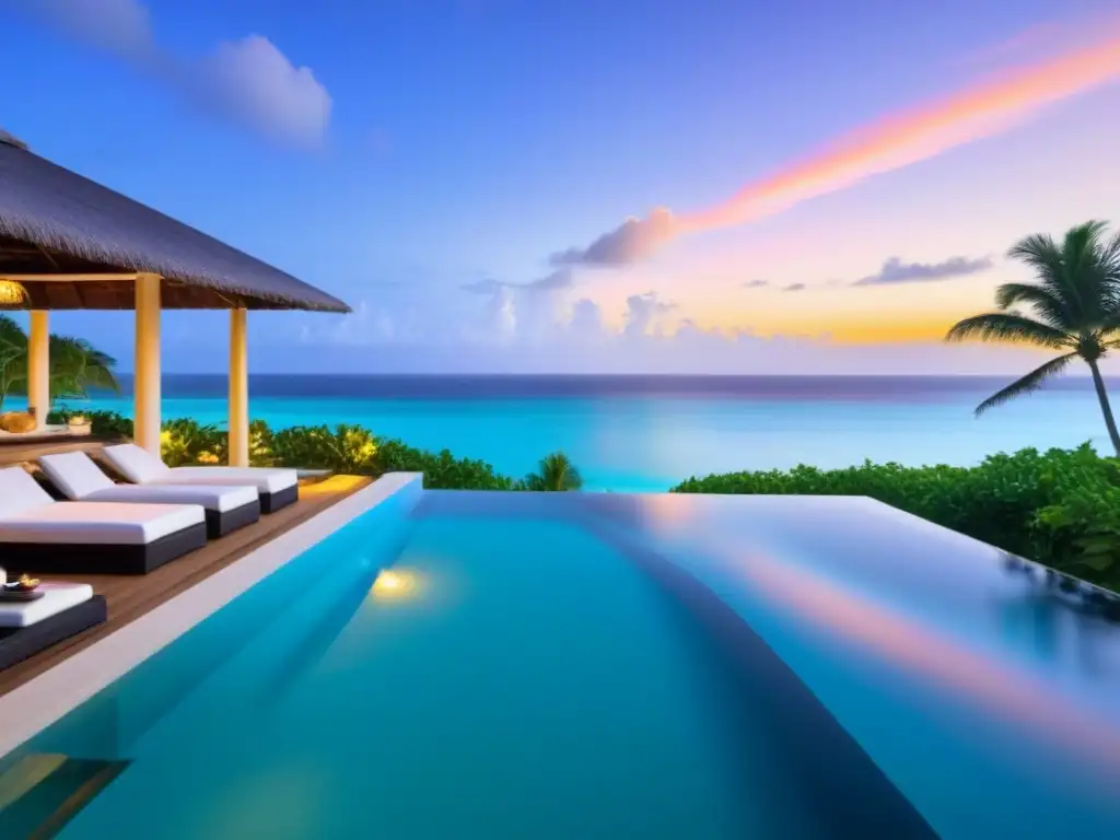 Propiedad de lujo frente a la playa en el Caribe: atardecer en terraza con piscina infinity privada y jardines tropicales Propiedad vacacional de lujo con terraza frente al mar Caribe al atardecer