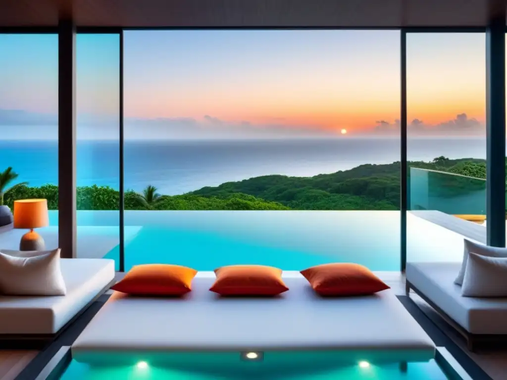 Propiedad vacacional de lujo con piscina infinita y vista al mar Propiedad vacacional de lujo con vista al océano turquesa, arquitectura moderna, piscina infinita y terraza elegante