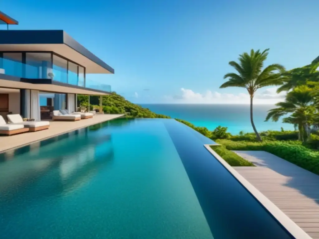 Propiedad vacacional de lujo: vista a la playa en 8k Propiedad vacacional de lujo con vista a la playa, diseño moderno y piscina infinita privada, ideal para estrategias redes sociales propiedad vacacional