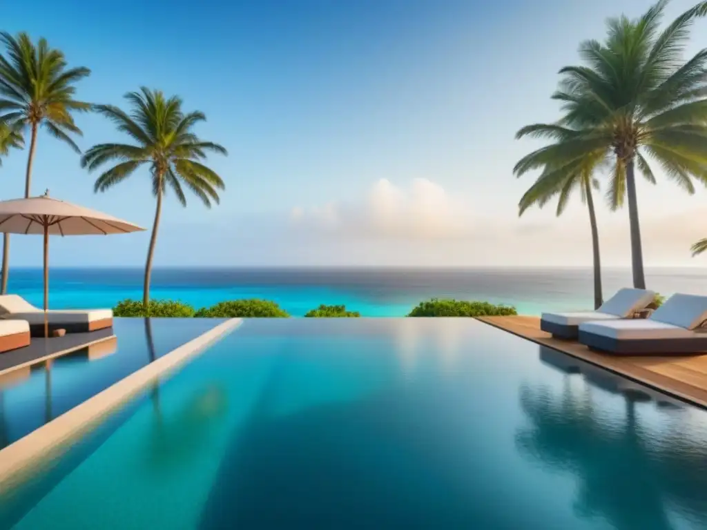Propiedad vacacional de lujo con piscina infinity y playa privada Propiedad vacacional de lujo con vista a la playa, piscina infinita, mobiliario elegante y palmeras en un ambiente exclusivo y sereno
