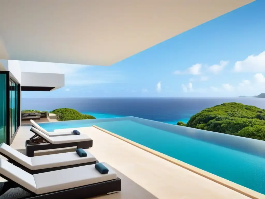 Propiedad vacacional de lujo con vista al mar: exclusividad y sofisticación Una propiedad vacacional de lujo con vistas al mar turquesa y rodeada de vegetación exuberante, bajo un cielo azul
