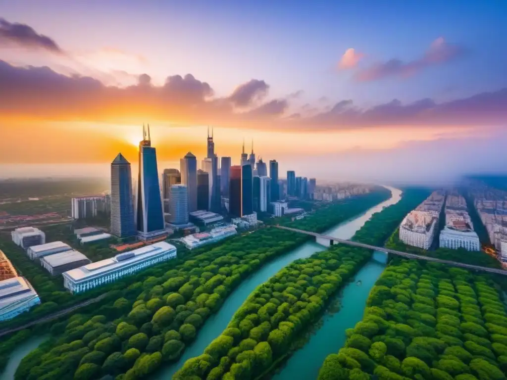 Invertir en propiedades de alquiler: Ciudad vibrante al atardecer, mezcla de modernidad y tradición, rodeada de naturaleza