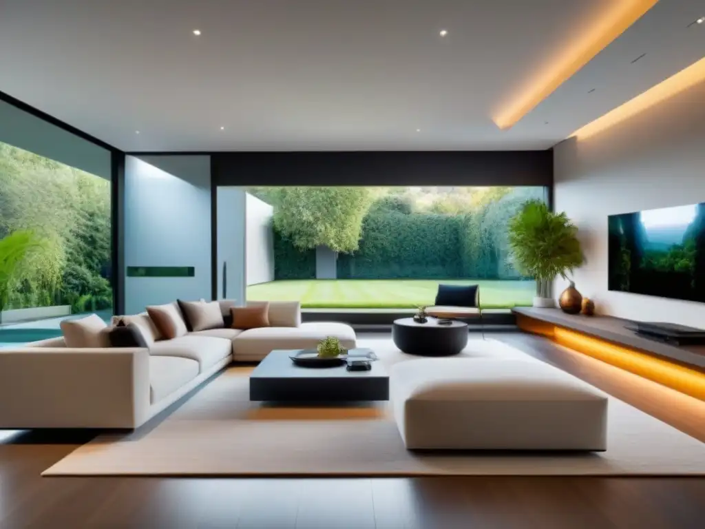 Sala de estar moderna de lujo en casa inteligente con tecnología avanzada Invierte en propiedades con domótica de alta rentabilidad: sala moderna con tecnología integrada y diseño lujoso