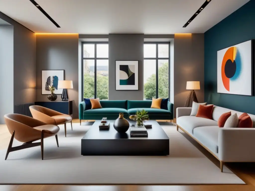 Sala de estar de lujo con galería de arte contemporáneo Propiedades con galerías de arte: Sala de estar moderna y elegante con obras contemporáneas en las paredes, iluminada por luz natural