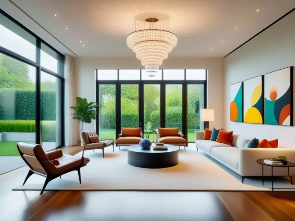 Salón moderno con arte contemporáneo y vistas al jardín Propiedades con galerías de arte: Sala de estar moderna con ventanales al jardín, arte contemporáneo y mobiliario minimalista