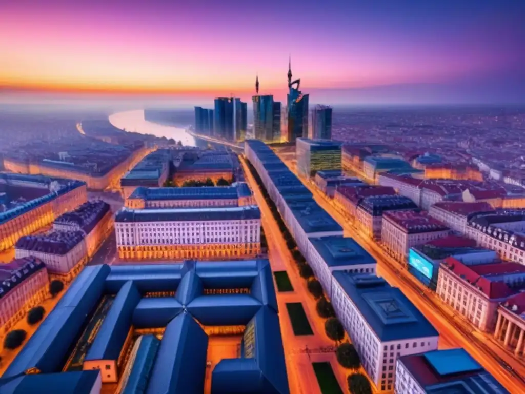 Panorama urbano en Europa del Este: modernidad y tradición Invertir en propiedades comerciales Europa del Este: Ciudad vibrante con arquitectura histórica y rascacielos modernos al atardecer