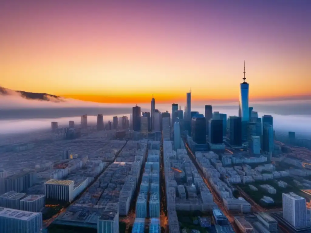 Invertir en propiedades comerciales internacionales: Ciudad vibrante al atardecer, rascacielos brillantes en crisis