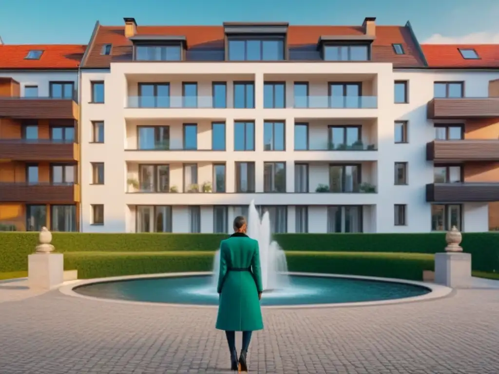 Edificio moderno en Europa del Este: inversión inmobiliaria Invertir en propiedades en Europa del Este: Un complejo de apartamentos moderno en una bulliciosa ciudad europea, con arquitectura tradicional y elementos contemporáneos, ventanales que reflejan la ciudad y un patio con fuente