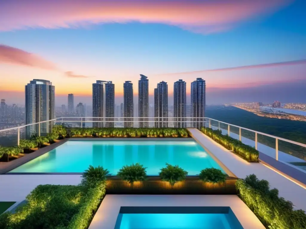 Condominio de lujo al atardecer en la ciudad Inversión en propiedades: complejo de condominios de lujo al anochecer, con arquitectura moderna y vista urbana