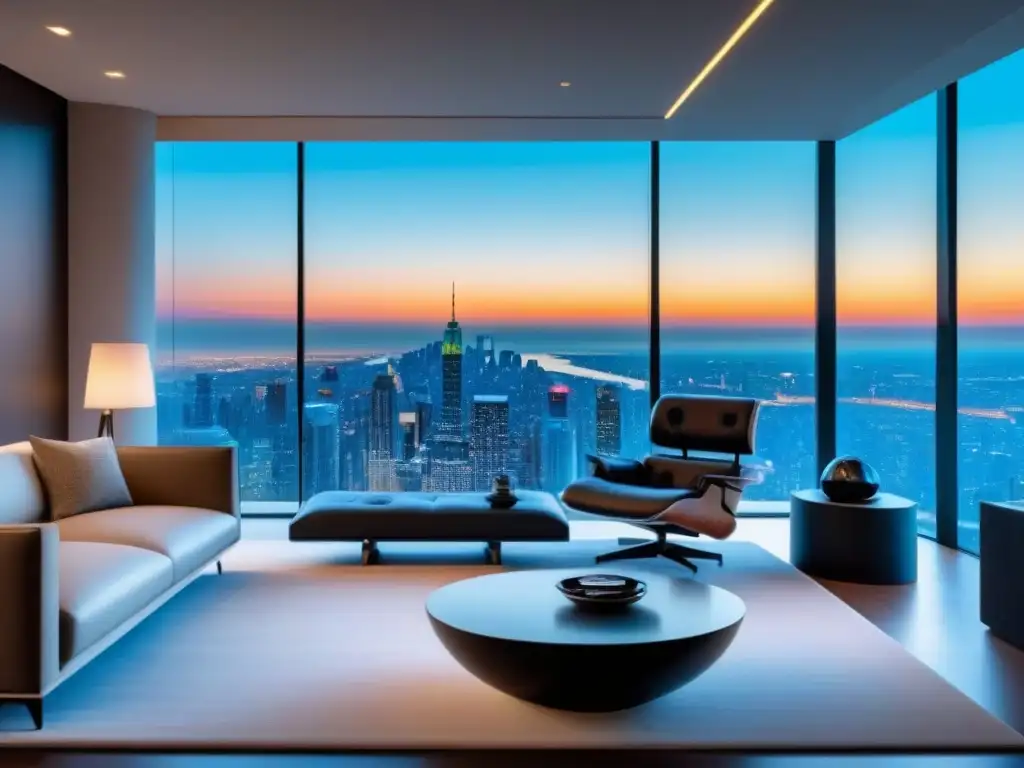 Salón moderno de lujo en casa inteligente: tecnología de vanguardia Invertir en propiedades domótica rentabilidad: Sala de estar lujosa y moderna con tecnología de vanguardia y diseño futurista