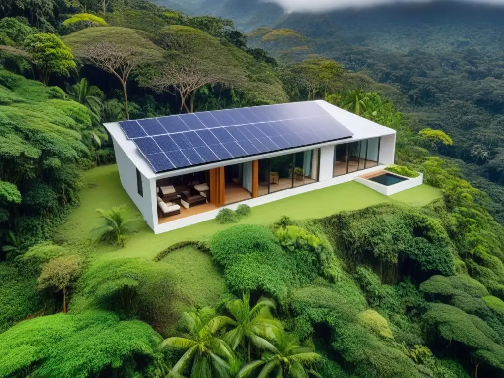 Propiedad ecológica en la selva: inversión sostenible en América Latina Invertir en propiedades ecológicas en América Latina: vista aérea de propiedad moderna en selva exuberante con paneles solares y techos verdes