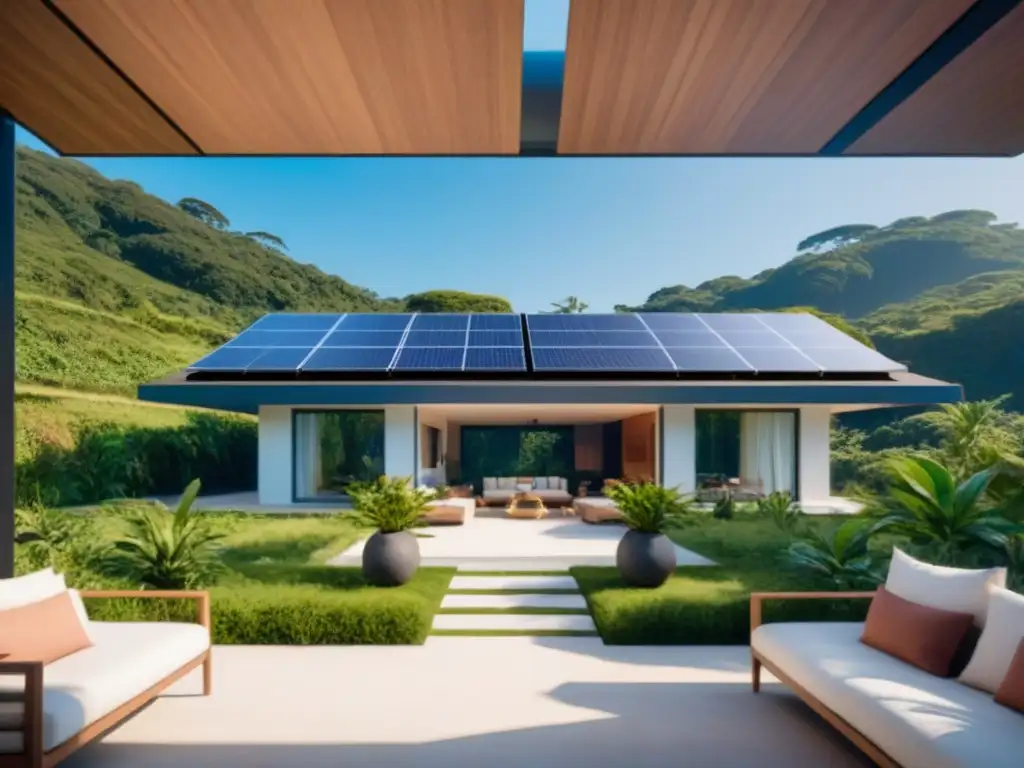 Eco-vivienda moderna en Latinoamérica: armonía sostenible Invertir en propiedades ecológicas en América Latina: Casa moderna ecoamigable en exuberante entorno natural con paneles solares y diseño sostenible
