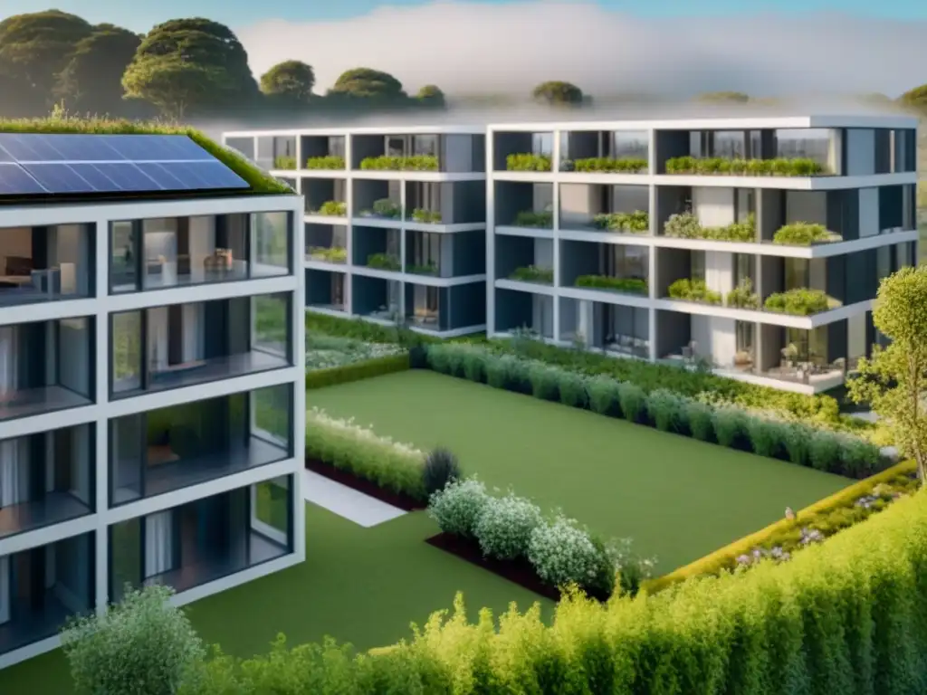 Edificio ecológico moderno con paneles solares y jardín comunitario Inversión en propiedades ecológicas rentables: diseño moderno con paneles solares, jardines y residentes disfrutando al aire libre