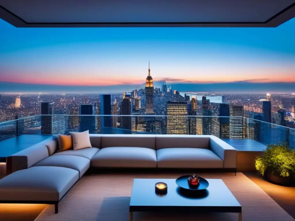 Penthouse de lujo con vistas panorámicas al anochecer Propiedades exclusivas en mercado inmobiliario: Lujoso ático moderno con vistas panorámicas y diseño sofisticado