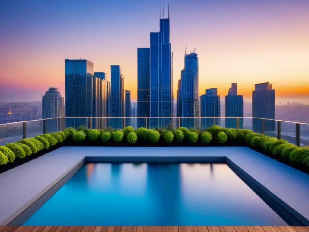 Lujo urbano: condominios de vidrio en skyline cosmopolita Propiedades exclusivas en el mercado inmobiliario internacional: lujoso complejo de condominios en la ciudad metropolitana al atardecer