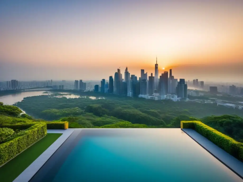Edificio de lujo moderno con piscina infinita en el atardecer Propiedades exclusivas mercado inmobiliario: Edificio de lujo moderno rodeado de vegetación, con piscina en la azotea y ciudad al atardecer