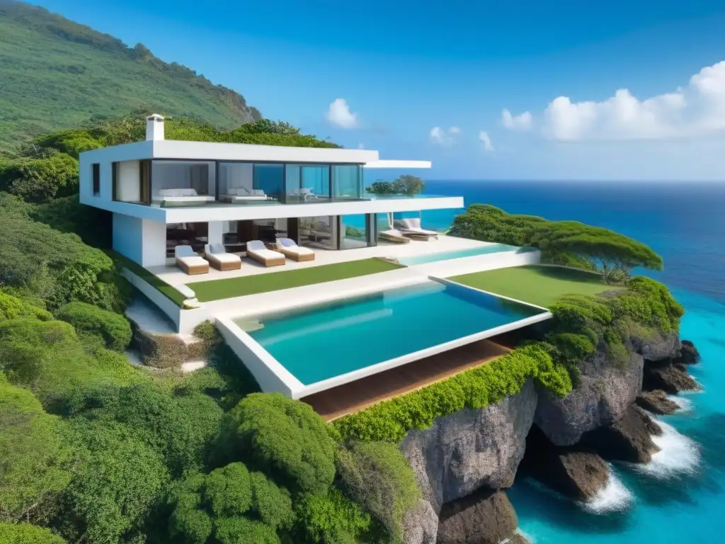 Villa de lujo en acantilado con piscina infinita y vista al mar Propiedades exclusivas en ubicaciones remotas: lujosa villa con vista al mar turquesa desde un acantilado