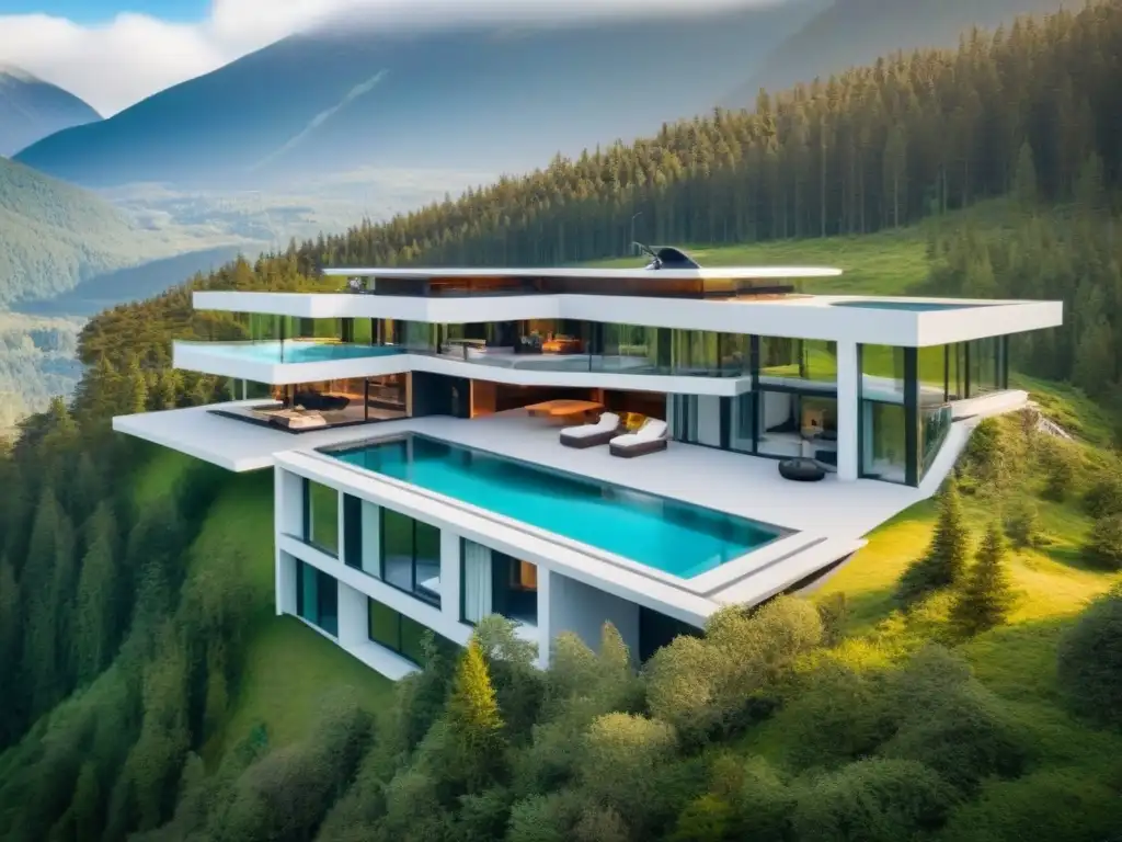 Mansión de lujo en paisaje remoto Propiedades exclusivas ubicadas en paisajes remotos con mansión ultramoderna y lujosa en medio de naturaleza exuberante y montañas nevadas