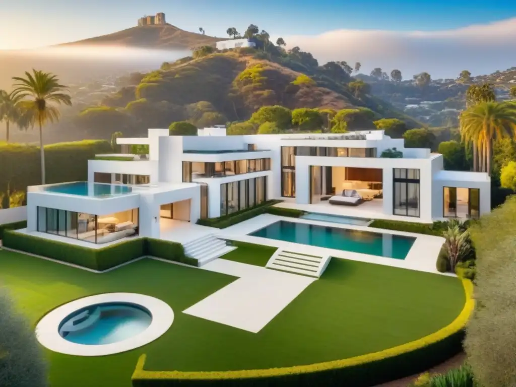 Mansión de lujo en Hollywood: opulencia y elegancia Inversión en propiedades de famosos: Imagen impactante de lujosa mansión Hollywoodense con elegante diseño arquitectónico y exuberantes jardines