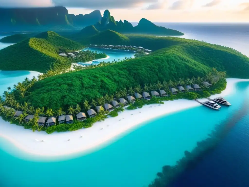 Paraíso exclusivo: resort de lujo en isla privada Inversión en propiedades fraccionadas: Vista aérea detallada de resort de lujo en isla privada con aguas turquesas y villas exclusivas