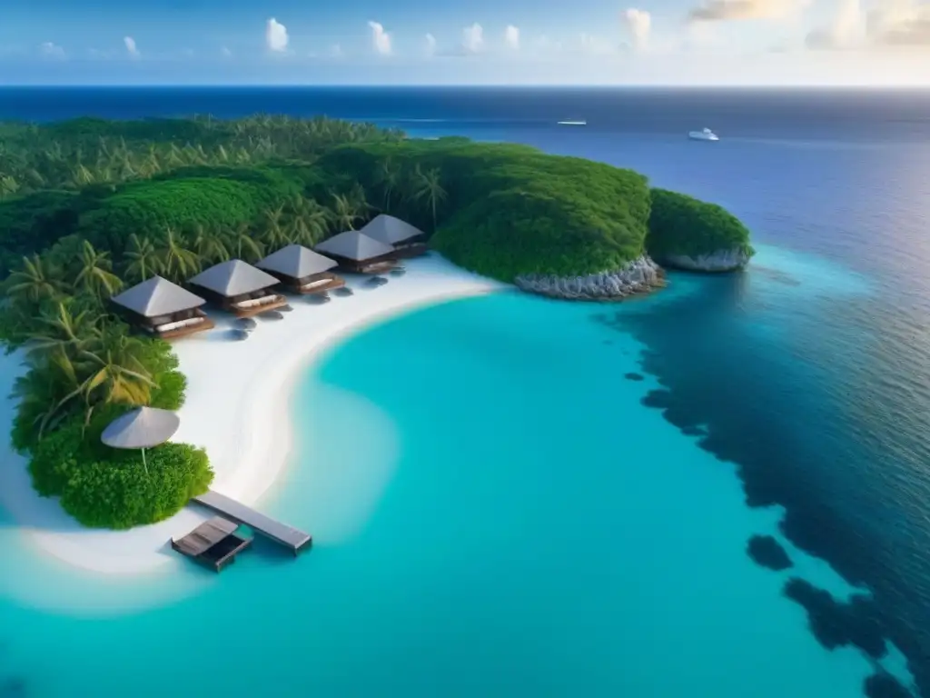 Paraíso exclusivo: resort de lujo en isla privada Inversión en propiedades fraccionadas: Vista aérea de lujoso resort isleño con aguas turquesas y playas de arena blanca