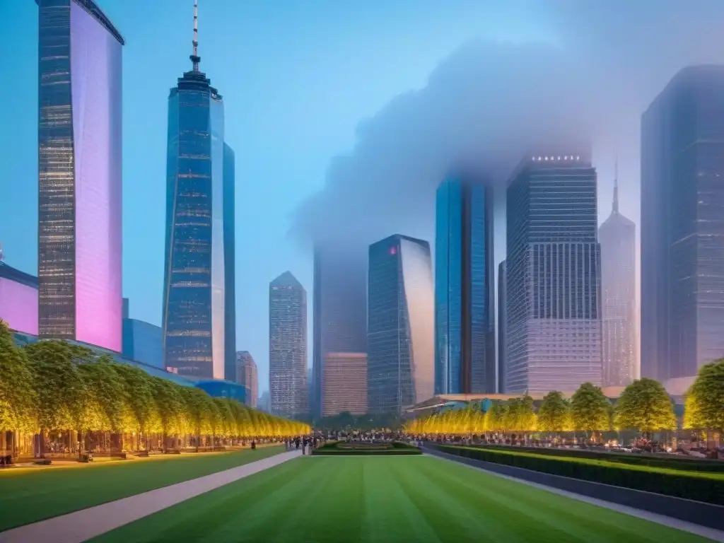 Inversiones inmobiliarias en ciudad moderna al atardecer Invertir en propiedades en inflación: Ciudad moderna al atardecer, con rascacielos iluminados y un vibrante distrito financiero