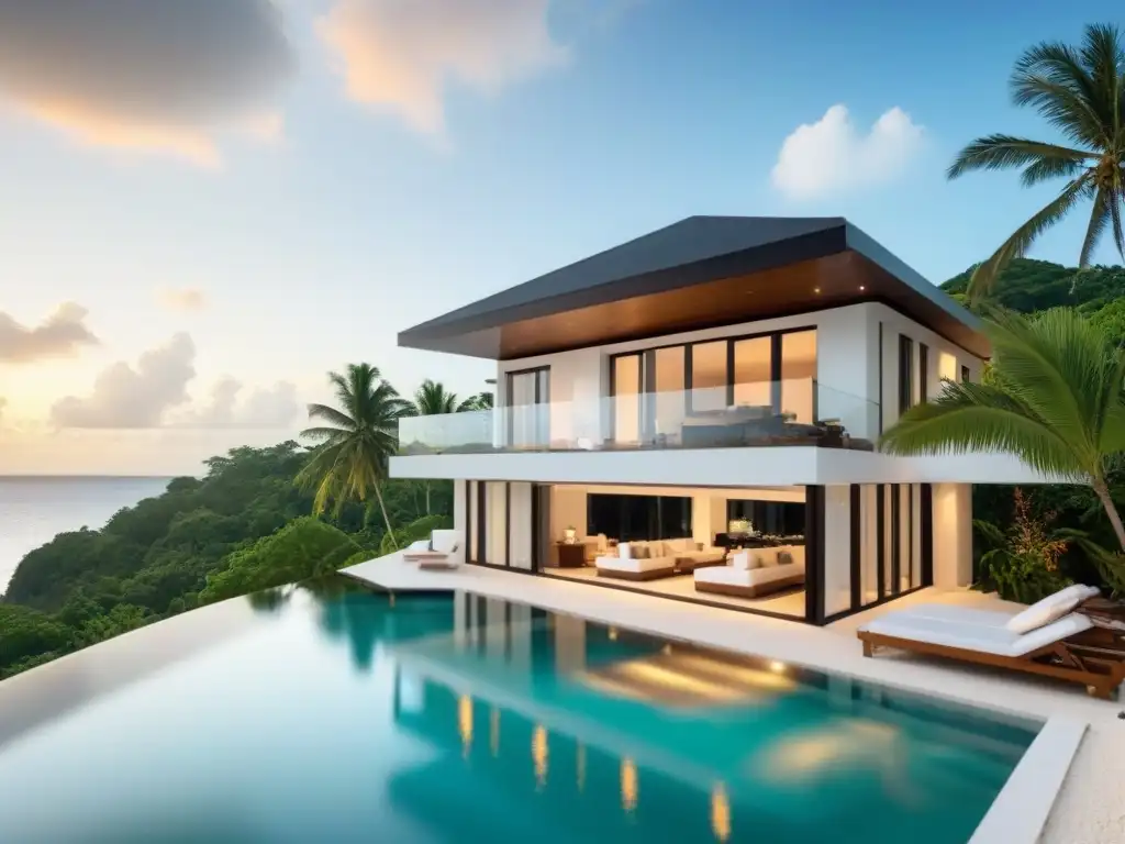 Villa de lujo frente al mar en el Caribe Invertir en propiedades inmobiliarias caribeñas: Villa de lujo frente al mar con piscina infinita y yate de lujo al atardecer